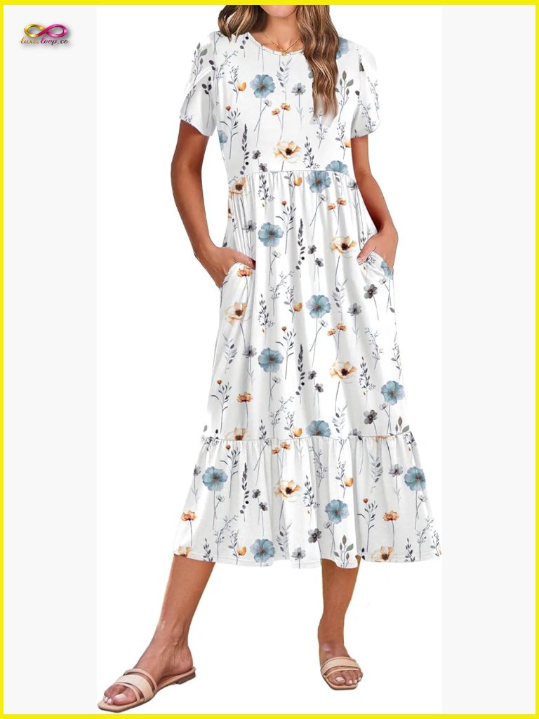 Flowy Tiered Midi Dress With Pockets Short Sleeve Crew Neck A Line Summer Beach